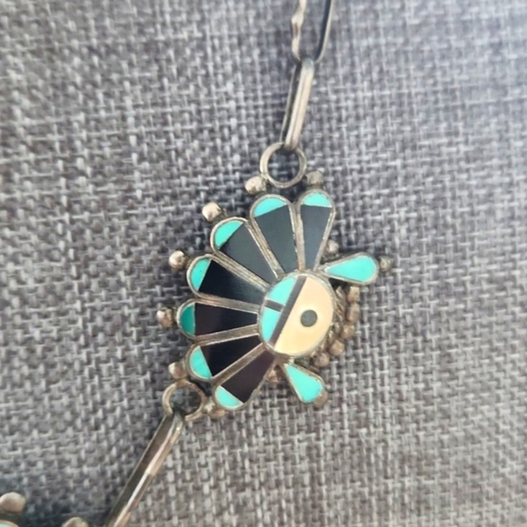 Stunning Native American Zuni Inlaid Headdress Vintage Turquoise Necklace 💙🖤🎁 - Picture 5 of 14